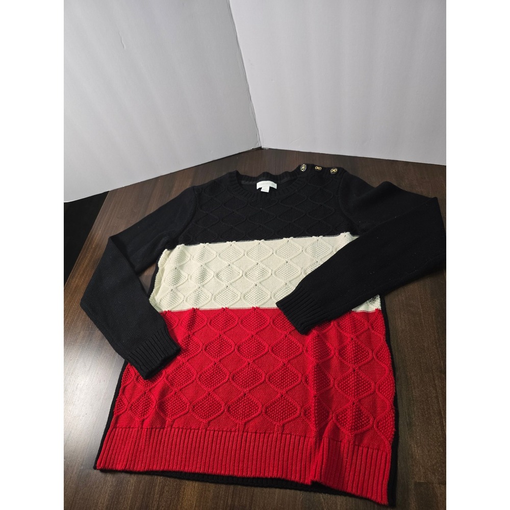 Charter Club Womens PS Petite Colorblock Cable Knit Sweater Black White Red Gold